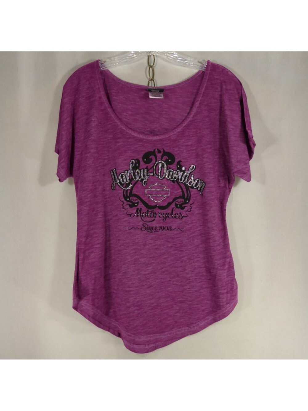 Harley Davidson Womens M Purple Rhinestone Burnout T-Shirt South East Bedford OH